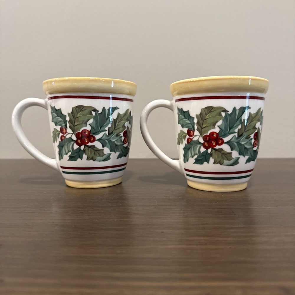Longaberger Pottery Mug Set 2 American Holly Christmas Mugs Retired Pair